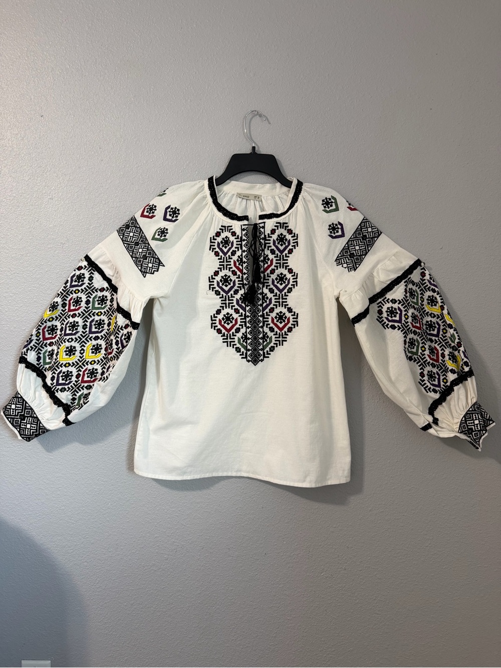 Embroidered White Peasant Blouse with Multicolor Accents